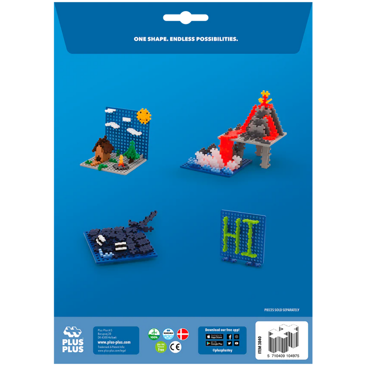 Four colorful 3D pixel art creations on a blue background depict a cabin in nature, a volcano, a stingray, and the word "HI." The slogan reads, "One Shape. Endless Possibilities."