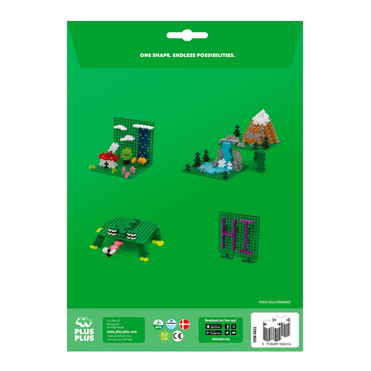 Plus-Plus green baseplate duo packaging showcasing various 2D and 3D builds including a frog, house, and mountain scenery.