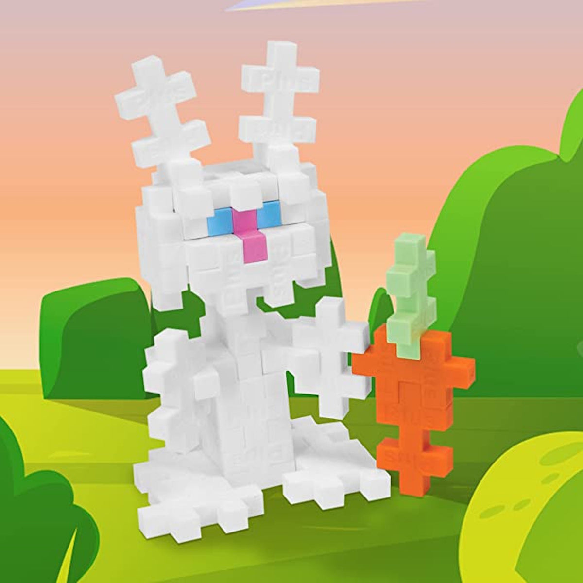 Toy rabbit built from white interlocking blocks, holding a colorful carrot in a cartoonish landscape. The scene feels playful and bright.
