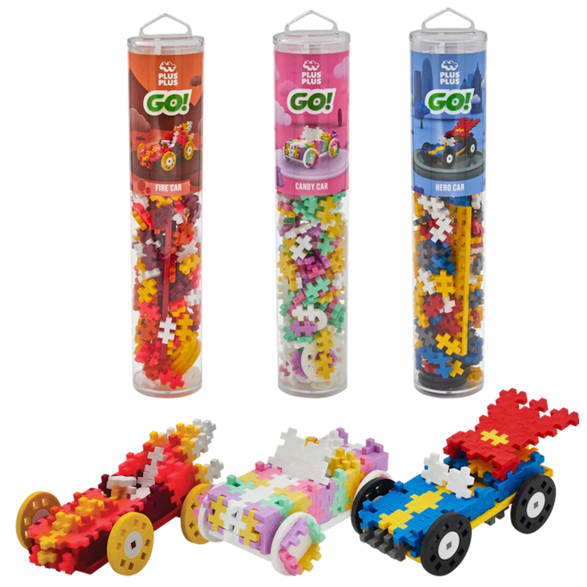 Three Plus-Plus GO! tubes: Fire Car, Candy Car, and Hero Car. Each displays a colorful toy car built with interlocking pieces, conveying creativity.