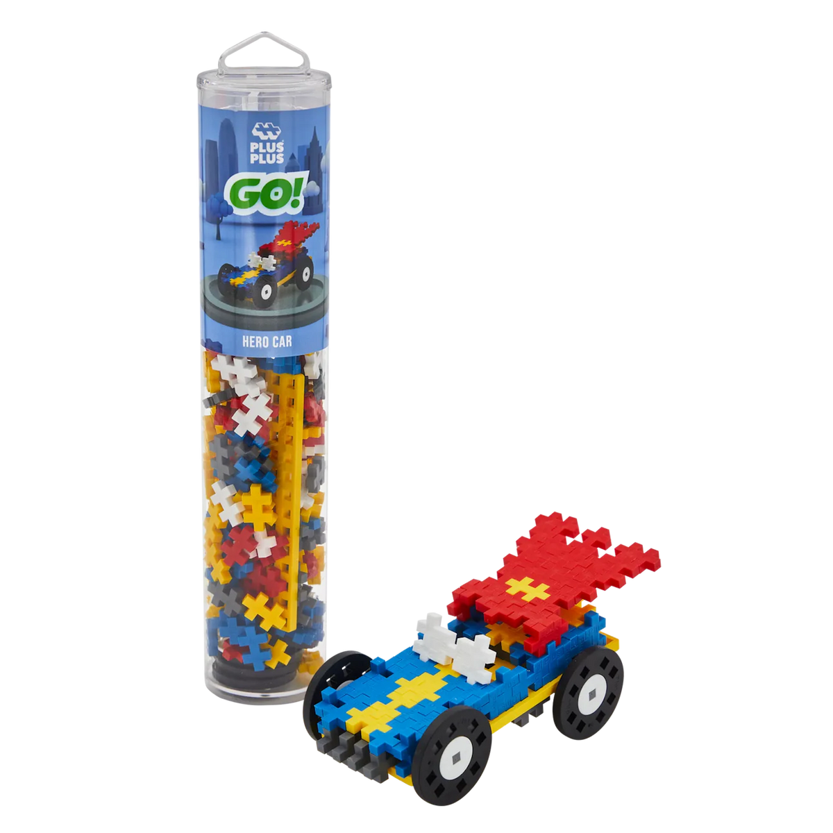 A tube labeled "Plus-Plus Go!" contains multicolored interlocking pieces. Beside it, a vibrant toy car with red wings is assembled from the pieces.