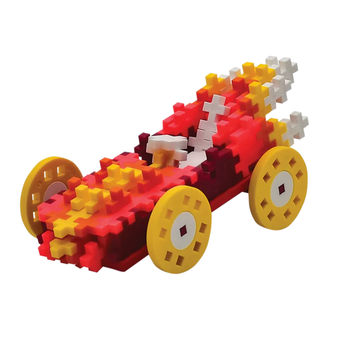 A toy race car made of interlocking blocks in red, yellow, and white, with large yellow wheels, displayed against a white background. The design is playful and imaginative.