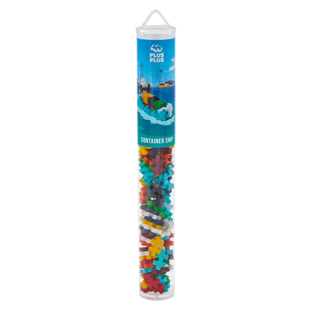 Tall, clear tube with colorful interlocking building pieces inside. Label features a container ship illustration.