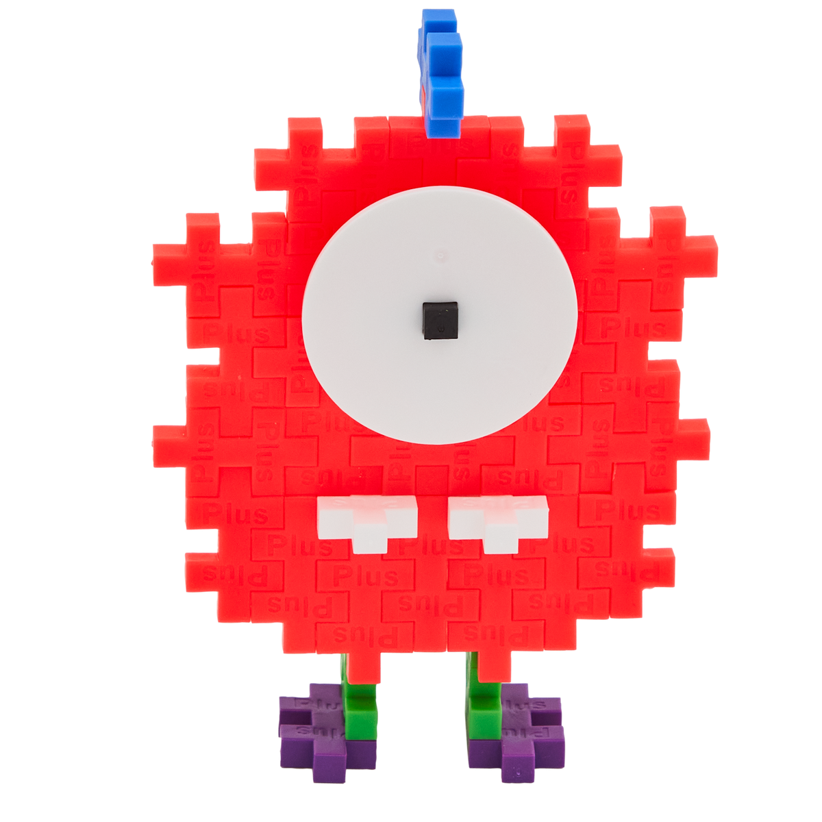 A playful creature made from Plus-Plus building pieces. It has a red pixelated body, large white eye with a black pupil, blue antenna, and green-purple feet.