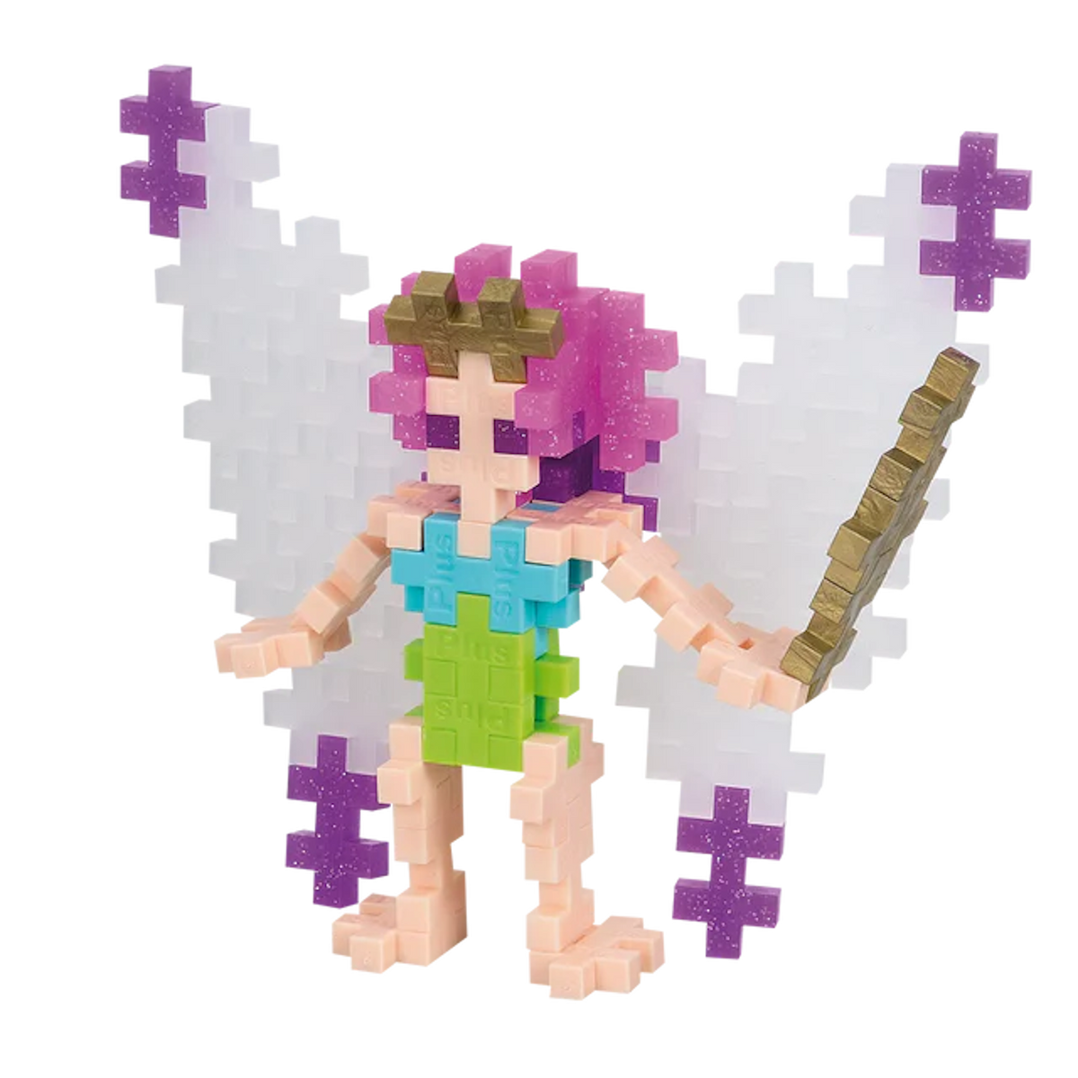 A colorful pixel art fairy made of interlocking pieces, featuring purple hair, white and purple wings, and holding a wand, set against a white background.
