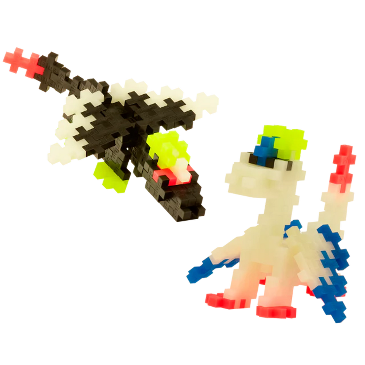 Colorful pixel-style dinosaur toys on a white background. One is black and white with neon accents, the other is white with blue, red, and yellow details. Playful tone.