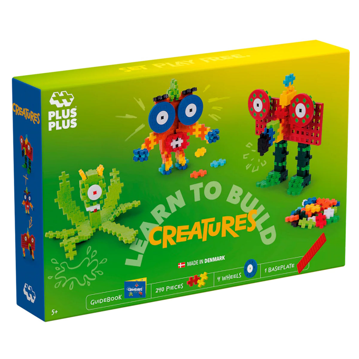 Plus-Plus Learn to Build Creatures building set box with colorful 2D and 3D toy monsters, 240 pieces, and wheels.