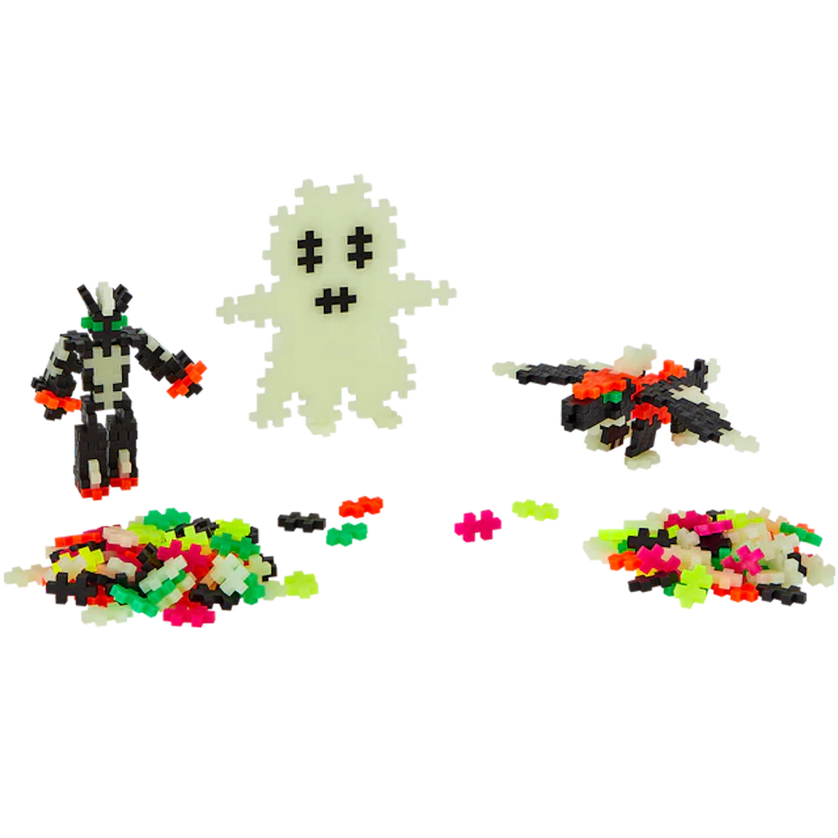 Pixelated ghost, robot, and bat with neon plus-shaped pieces on a white background. Bright colors add a playful, Halloween-themed vibe.