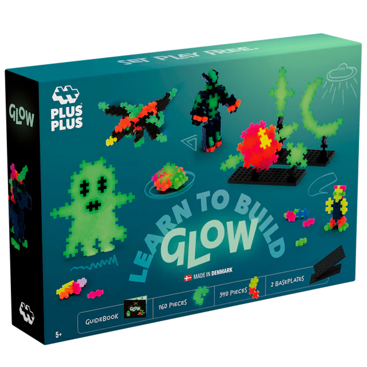 Glow block set packaging featuring colorful, glowing block models like a creature, figure, and structures; labeled "Learn to Build Glow." Made in Denmark.