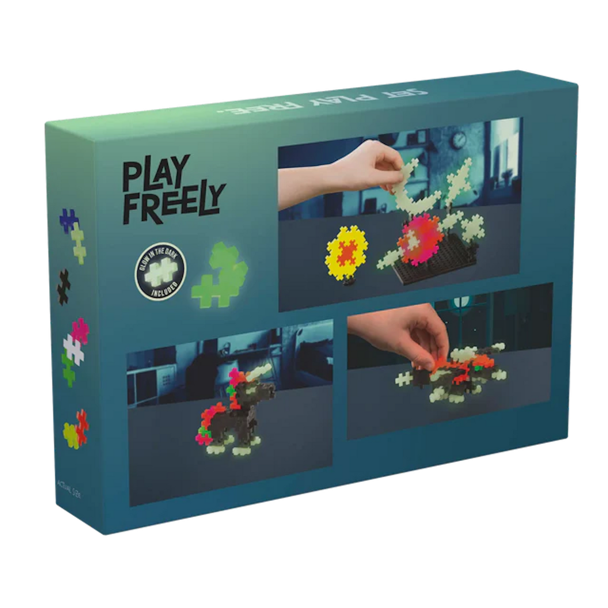 Box of a glow-in-the-dark puzzle toy set labeled "Play Freely." Features colorful interlocking pieces shaped into various structures by hands.