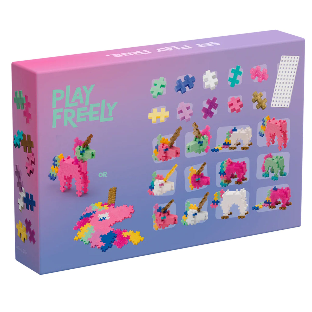Plus-Plus Play Freely Learn to Build Unicorn set box with colorful interlocking pieces and 2D and 3D unicorn model ideas.