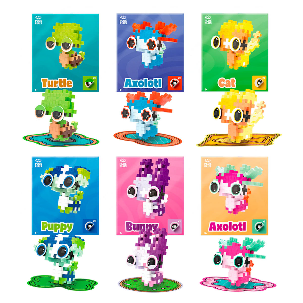A grid of colorful pixelated animals made from construction blocks. Includes a turtle, axolotls, cat, puppy, and bunny on vibrant backgrounds. Fun and playful tone.