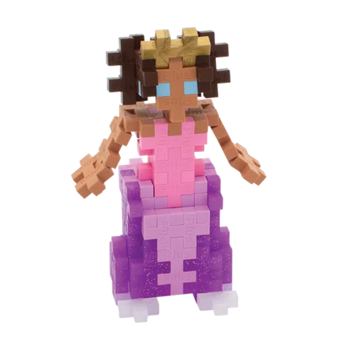 Toy figure of a princess made from interlocking blocks, featuring a crown, brown hair, pink dress, and purple skirt, set against a white background.