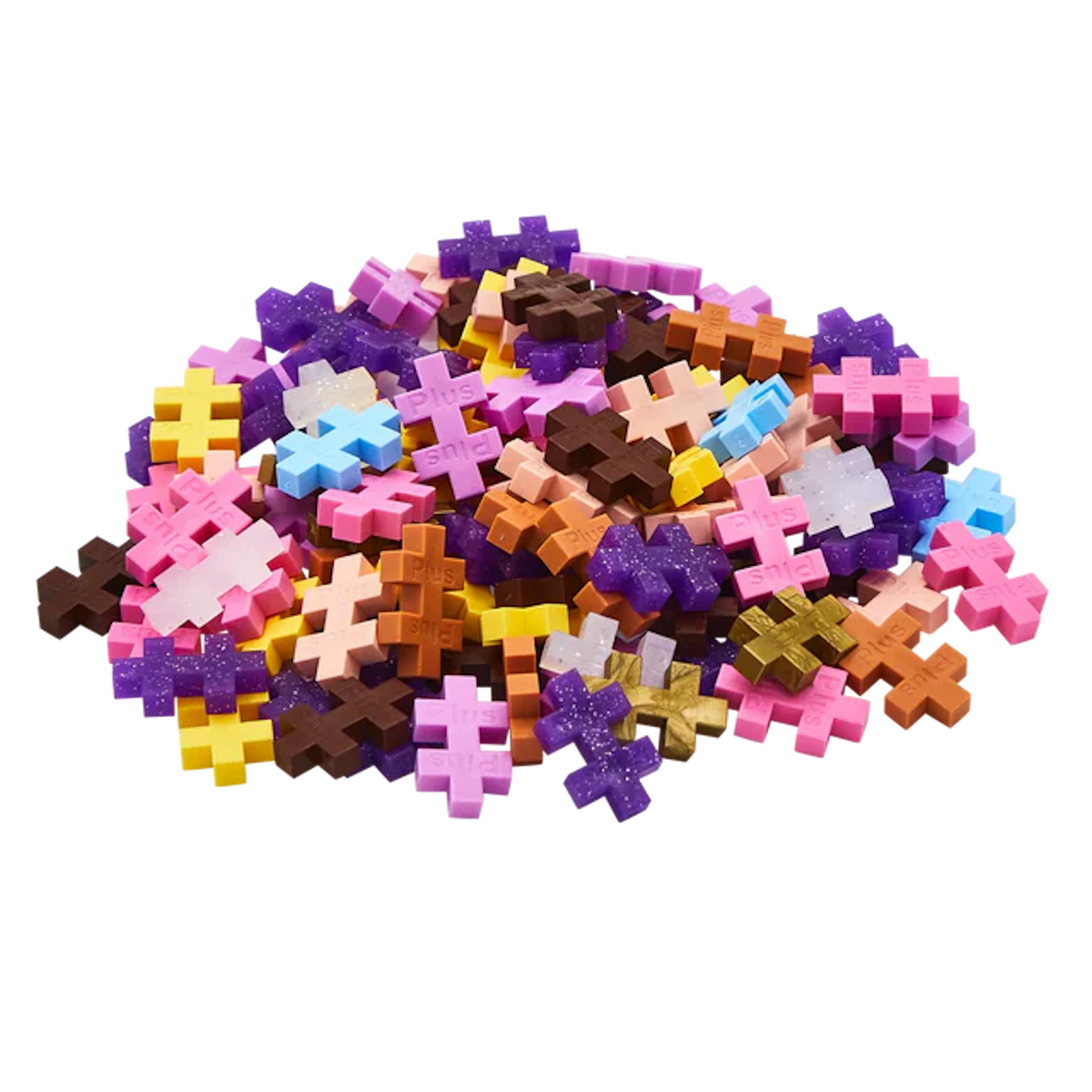 A vibrant pile of colorful, cross-shaped puzzle pieces in pink, yellow, purple, and blue hues, scattered against a white background.
