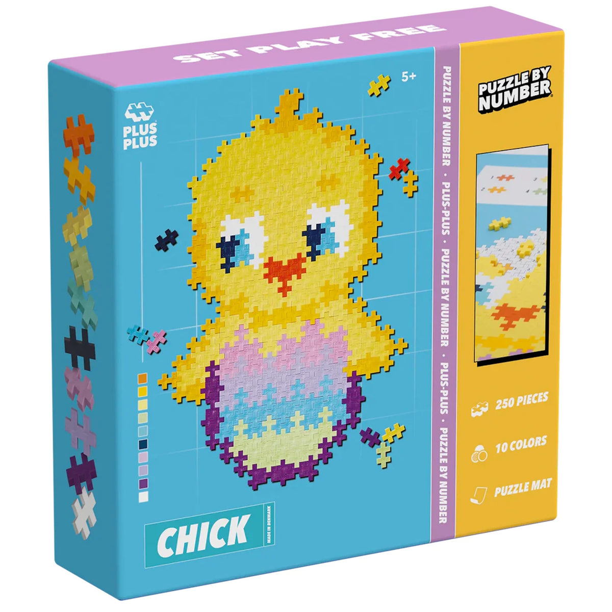 Plus-Plus Puzzle by Number Chick set featuring a 2D yellow chick in a colorful eggshell with 250 interlocking pieces.