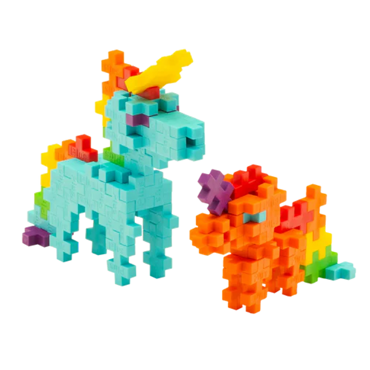 Colorful interlocking blocks form a blue unicorn with a rainbow mane and an orange dragon-like creature. They stand against a plain white background.