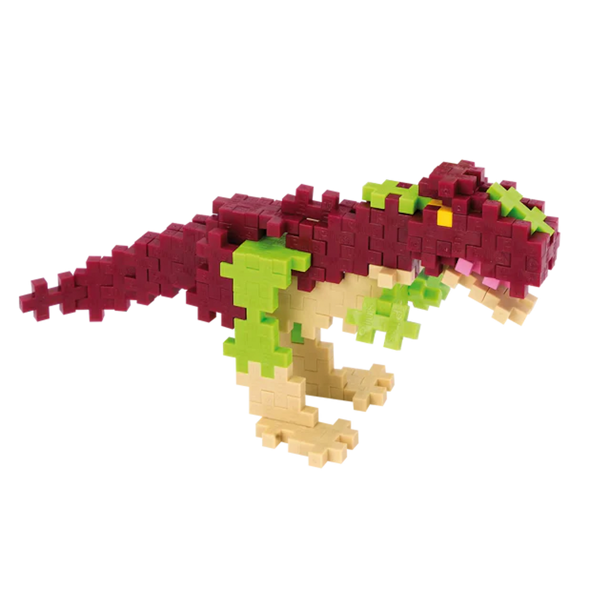 Colorful dinosaur model built from interlocking plastic pieces. The dinosaur features red, green, and beige colors, set against a white background.