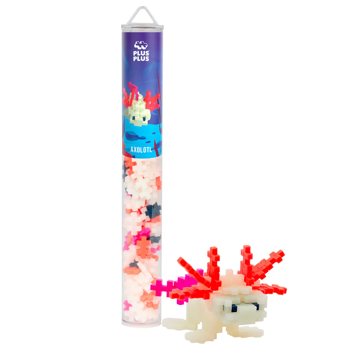 Plus-Plus Axolotl 100-piece building set tube with a completed 3D white and pink axolotl toy model on a white background.
