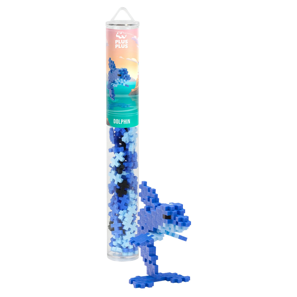 Plus-Plus Dolphin building set with a blue 3D brick dolphin and its clear storage tube packaging.