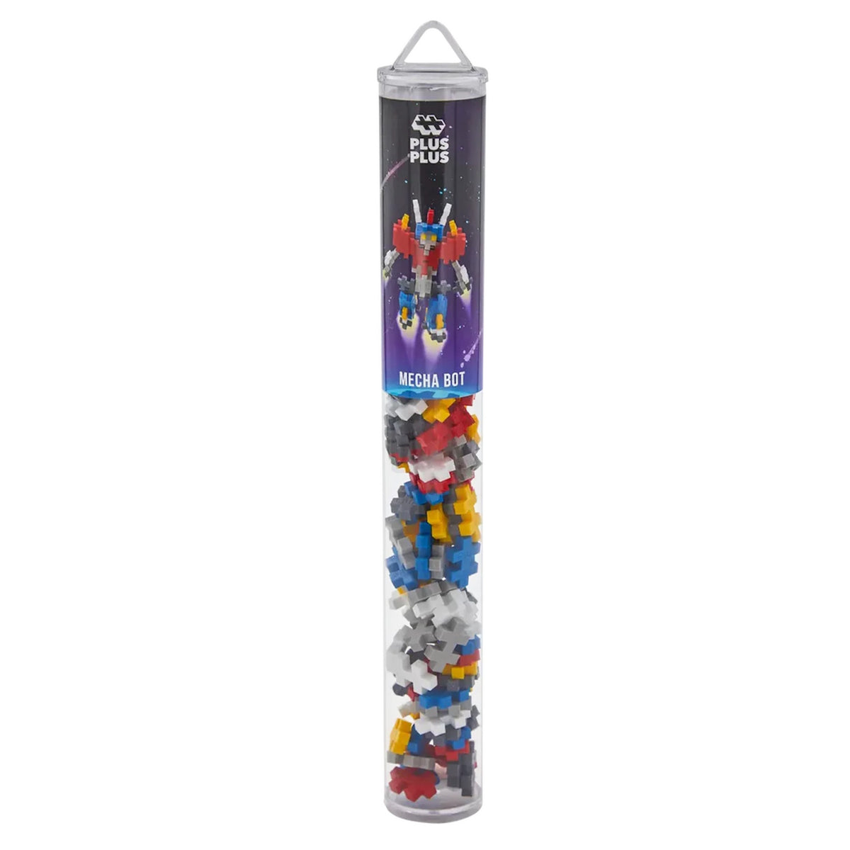 Plus-Plus Mecha Bot tube building set with multicolored interlocking pieces and a graphic of a pixelated robot character.