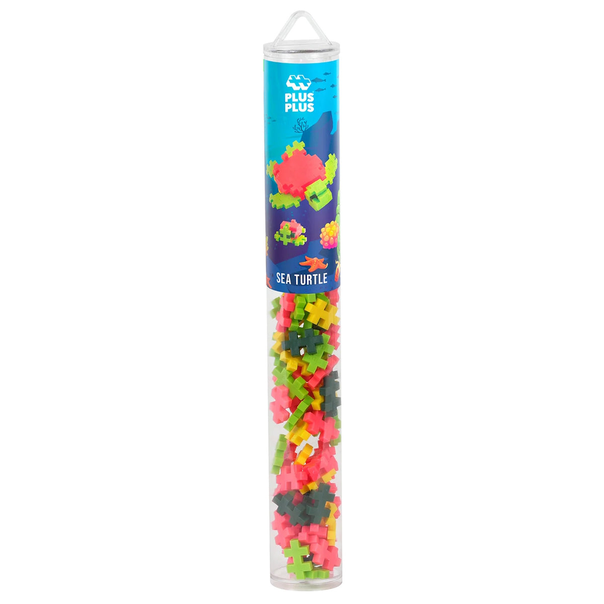 Plus-Plus Sea Turtle building set tube containing 100 colorful interlocking puzzle pieces for stem learning and creative play.