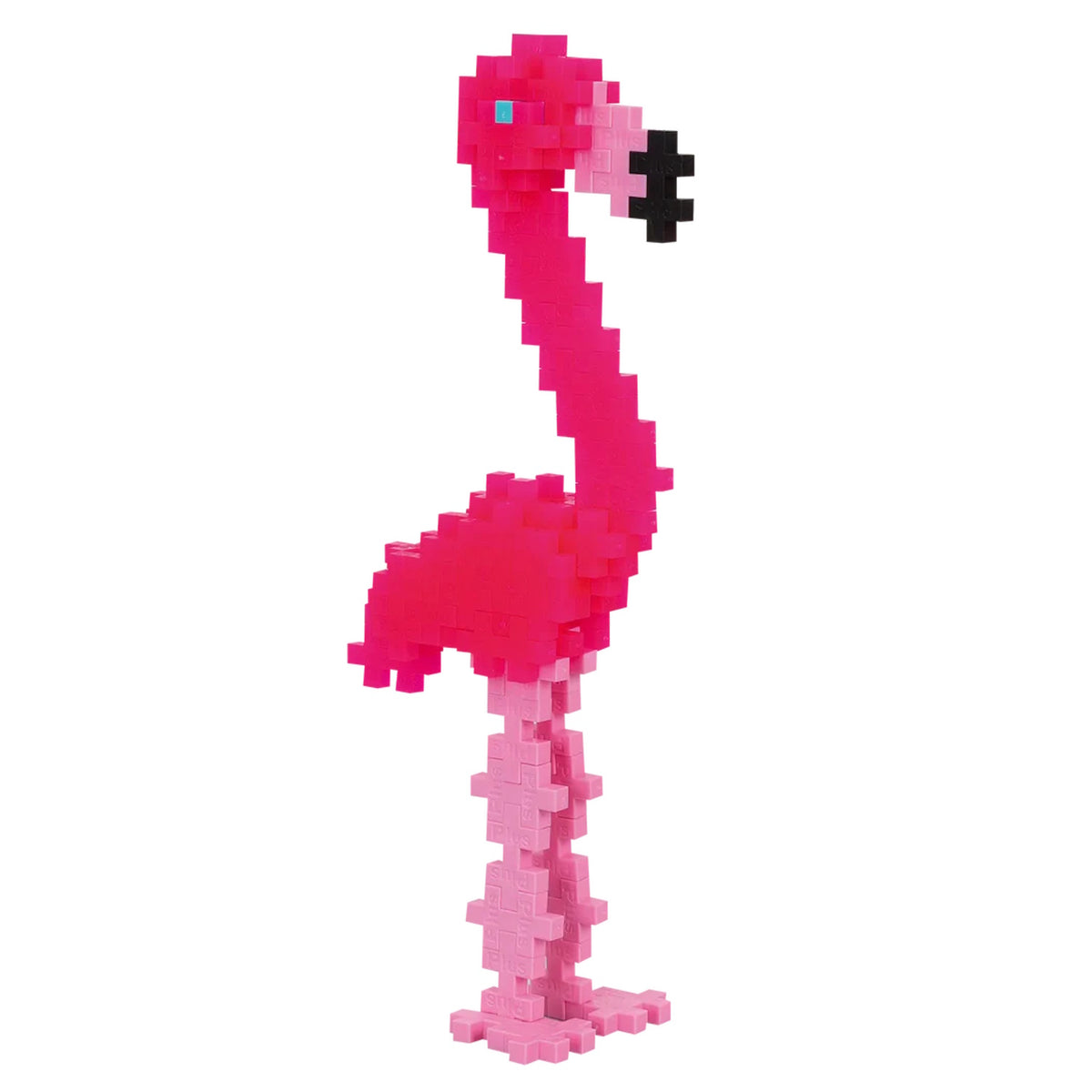 Pink flamingo 3D model made from interlocking Plus-Plus building blocks on a white background.