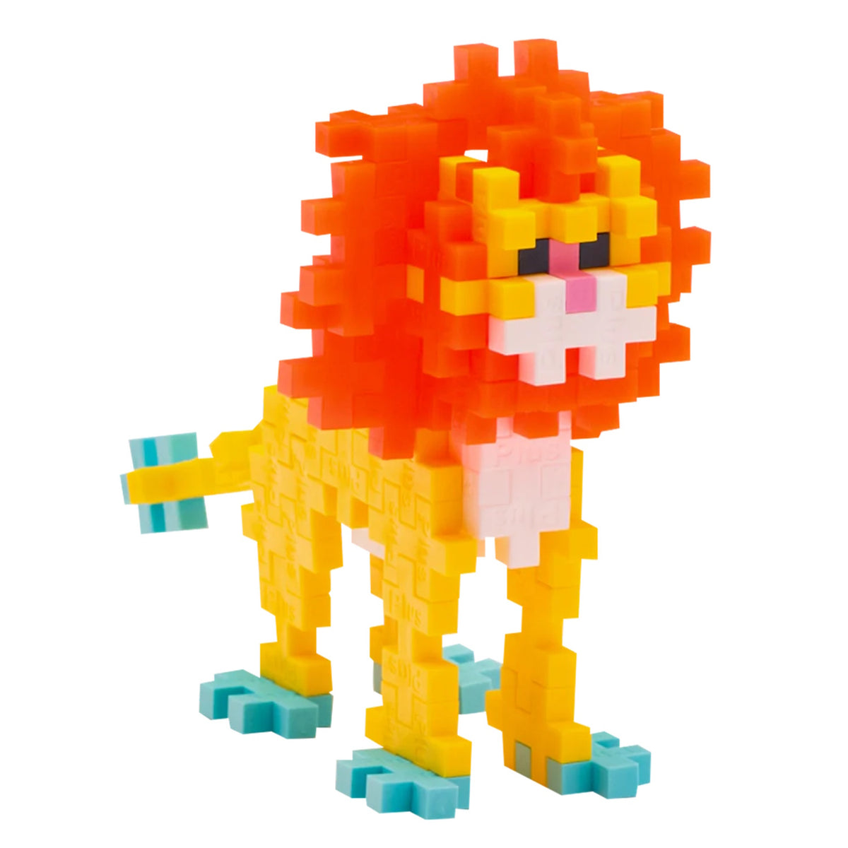 Plus-Plus blocks assembled into a lion with an orange mane, yellow body, and blue paws on a white background.