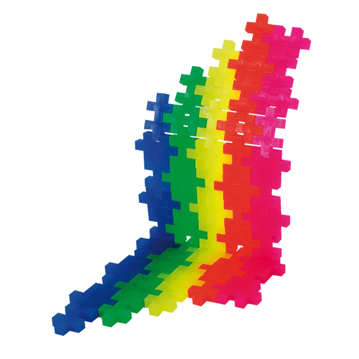 Plus-Plus building blocks in blue, green, yellow, red, and pink arranged in a colorful, interlocking rainbow wave.