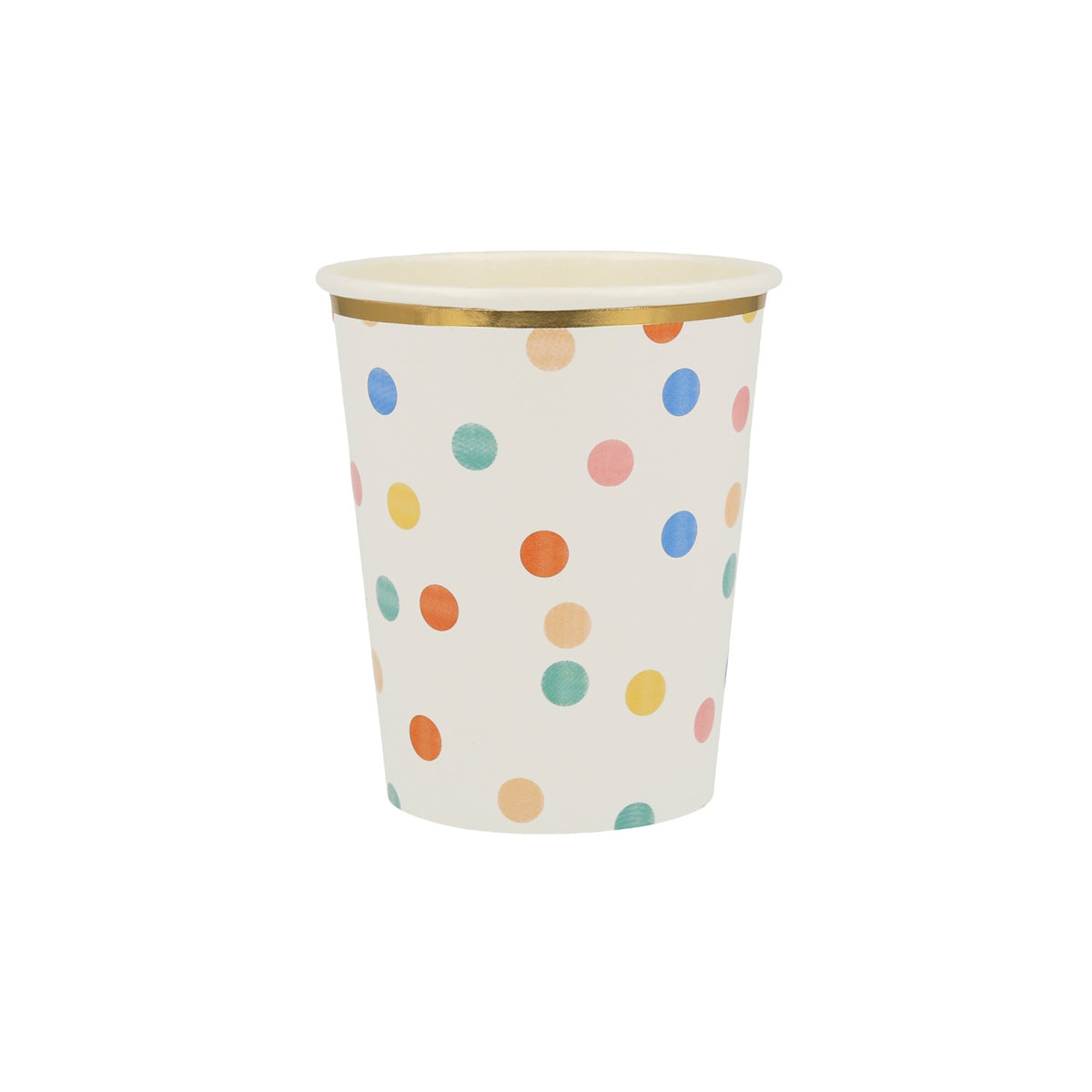 White paper party cup with colorful polka dots and a gold foil rim for birthday celebrations and festive events.