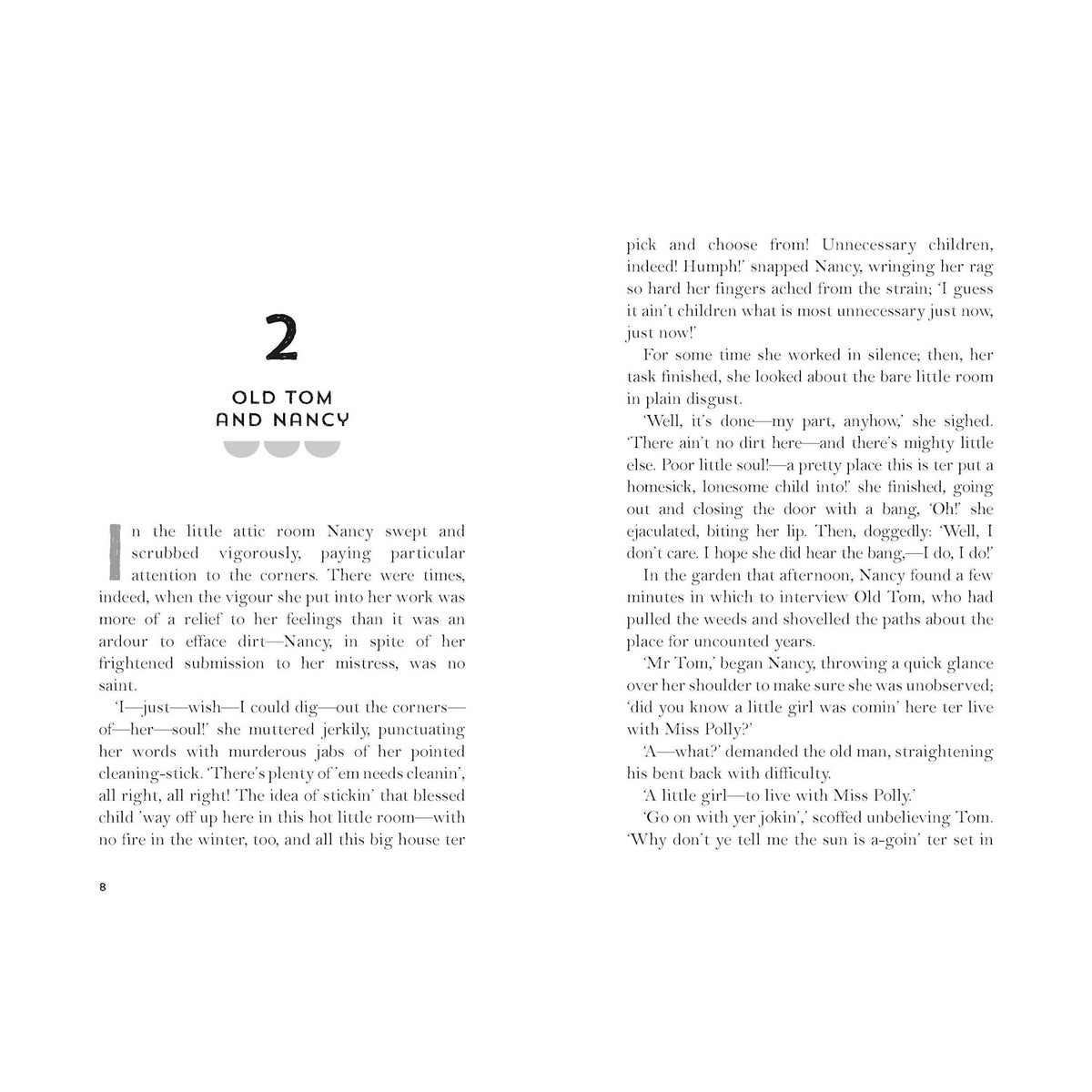 Two pages from Pollyanna, Chapter 2: "Old Tom and Nancy," featuring story text and a simple header design.