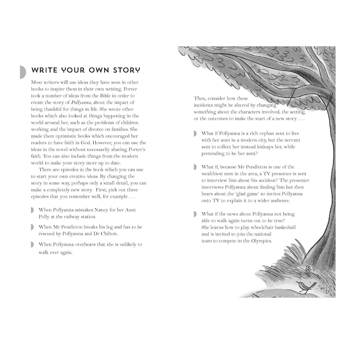 Book page titled Write Your Own Story with creative writing prompts and a black and white illustration of a tree and bird.