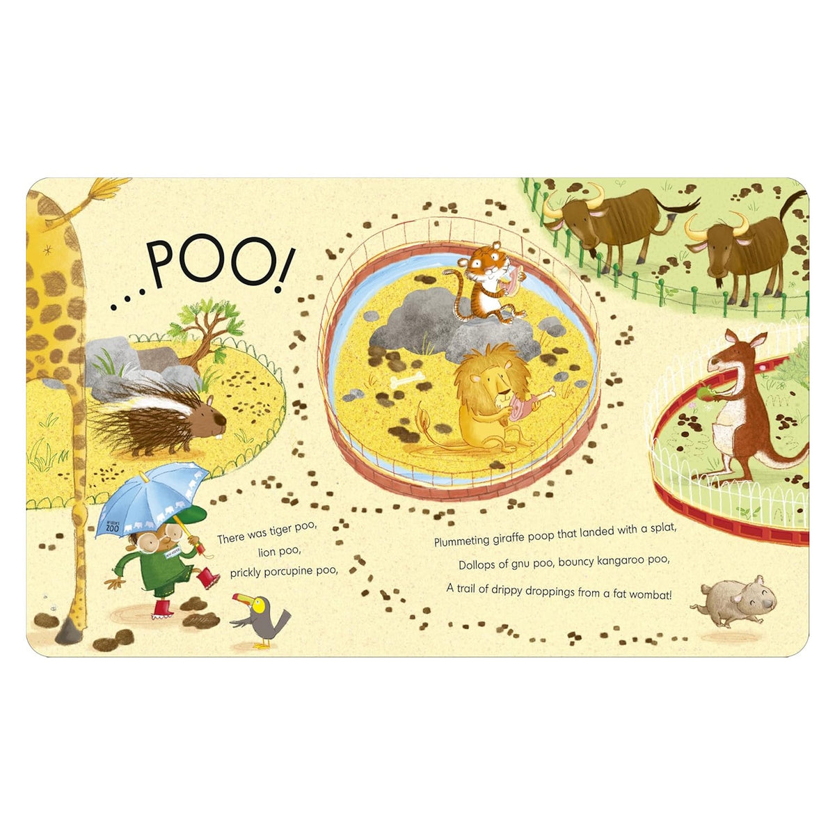 Zoo keeper stepping through animal enclosures following a long trail of droppings on a book page spread.