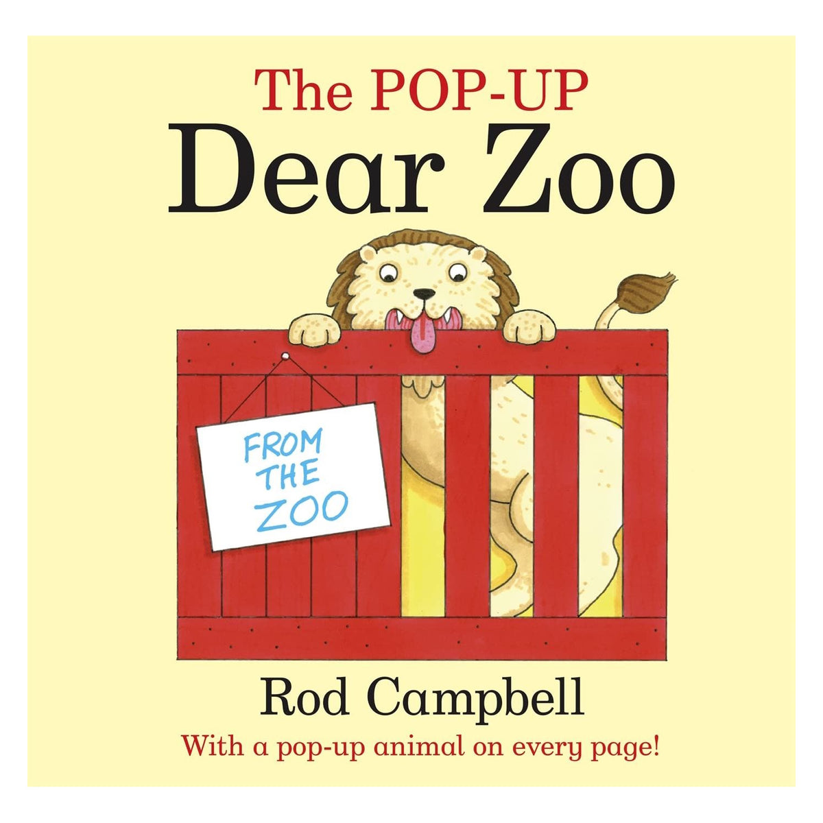 Cover of "The POP-UP Dear Zoo" children's book by Rod Campbell, featuring a lion in a red crate with a "From the Zoo" sign.