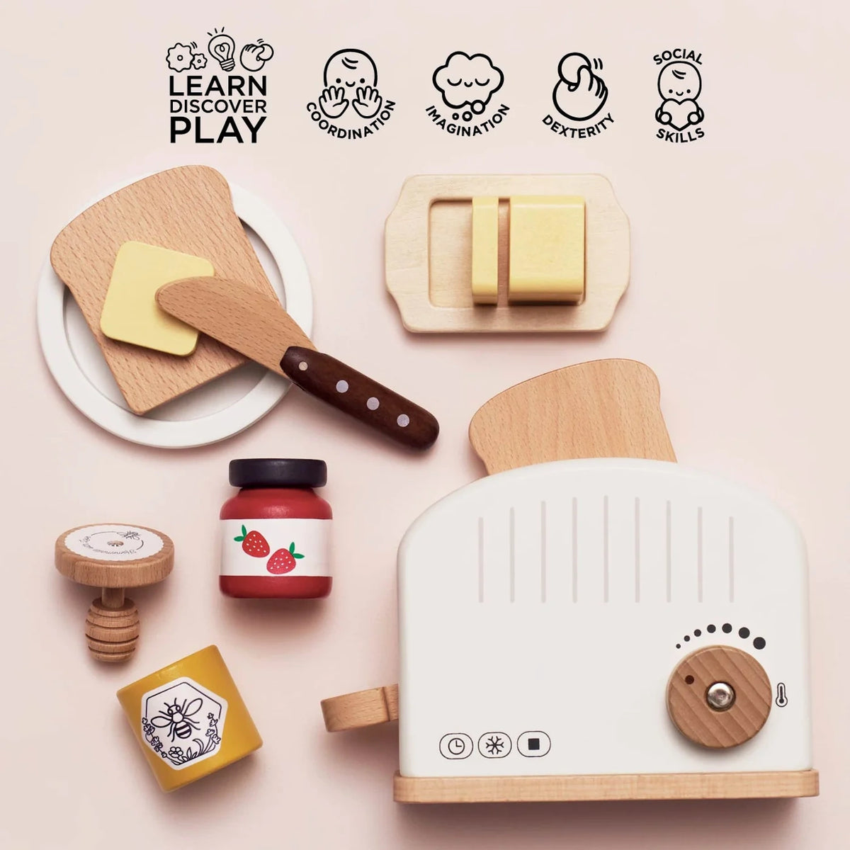 Overhead view of a wooden toy breakfast set highlighting developmental skills like coordination and imagination.