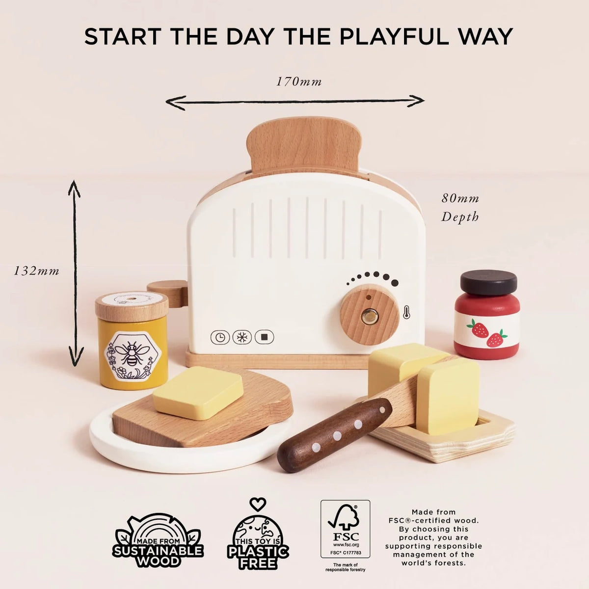Wooden toy toaster breakfast set with dimensions, sustainable wood, and plastic-free icons.