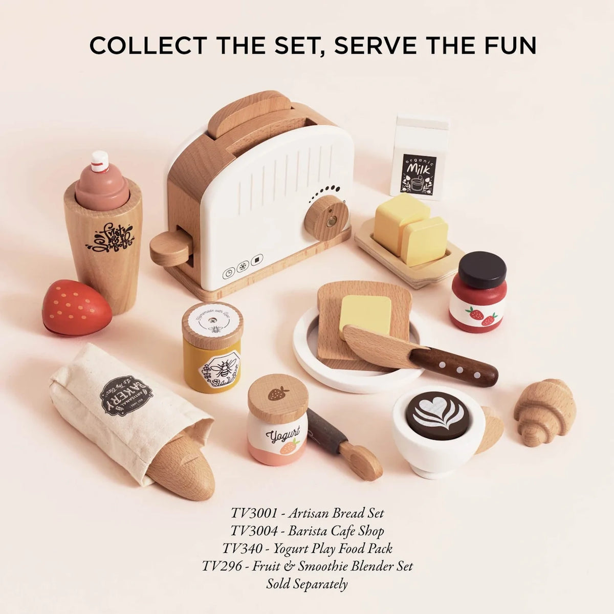 Wooden toy toaster breakfast set shown alongside additional separately sold play food items like artisan bread and yogurt.