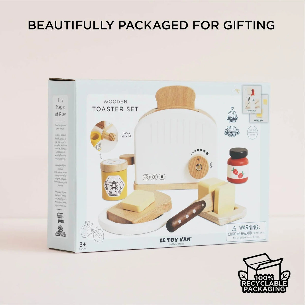 Le Toy Van wooden toaster set packaging showing the toy set inside its 100% recyclable box.