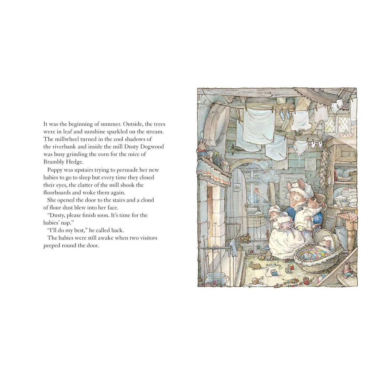 A cozy illustration shows two mice in an intricately detailed mill interior. One mouse, dressed in Victorian-style clothing, carries two babies. The scene is warm and nostalgic. Text on the left describes the mill activity and the mouse Poppy calming her babies.