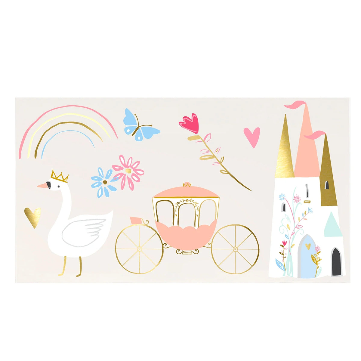 A sheet of temporary tattoos featuring a princess castle, carriage, crowned swan, rainbow, and floral motifs.