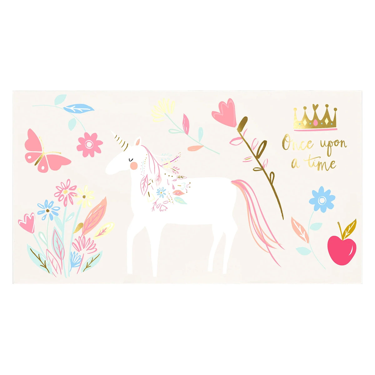 A white unicorn surrounded by pastel flowers, a pink butterfly, a gold crown, and the words "Once upon a time".