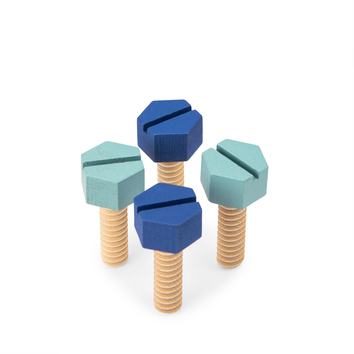 Four toy wooden bolts with blue and light green hexagonal heads standing upright on a white background.