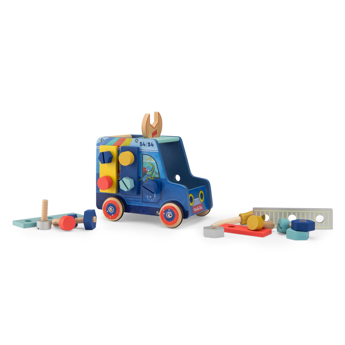 Wooden activity truck toy with various colorful bolts, nuts, and tools scattered around it on a white background.