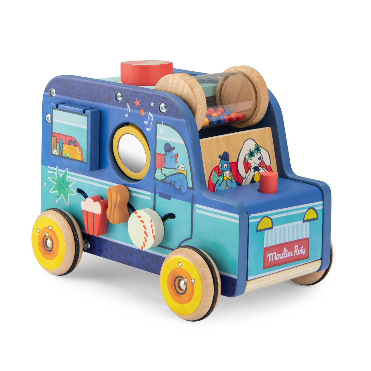 Wooden Moulin Roty toy car featuring a small mirror, sliding beads, a rattle, and illustrations of animal passengers.