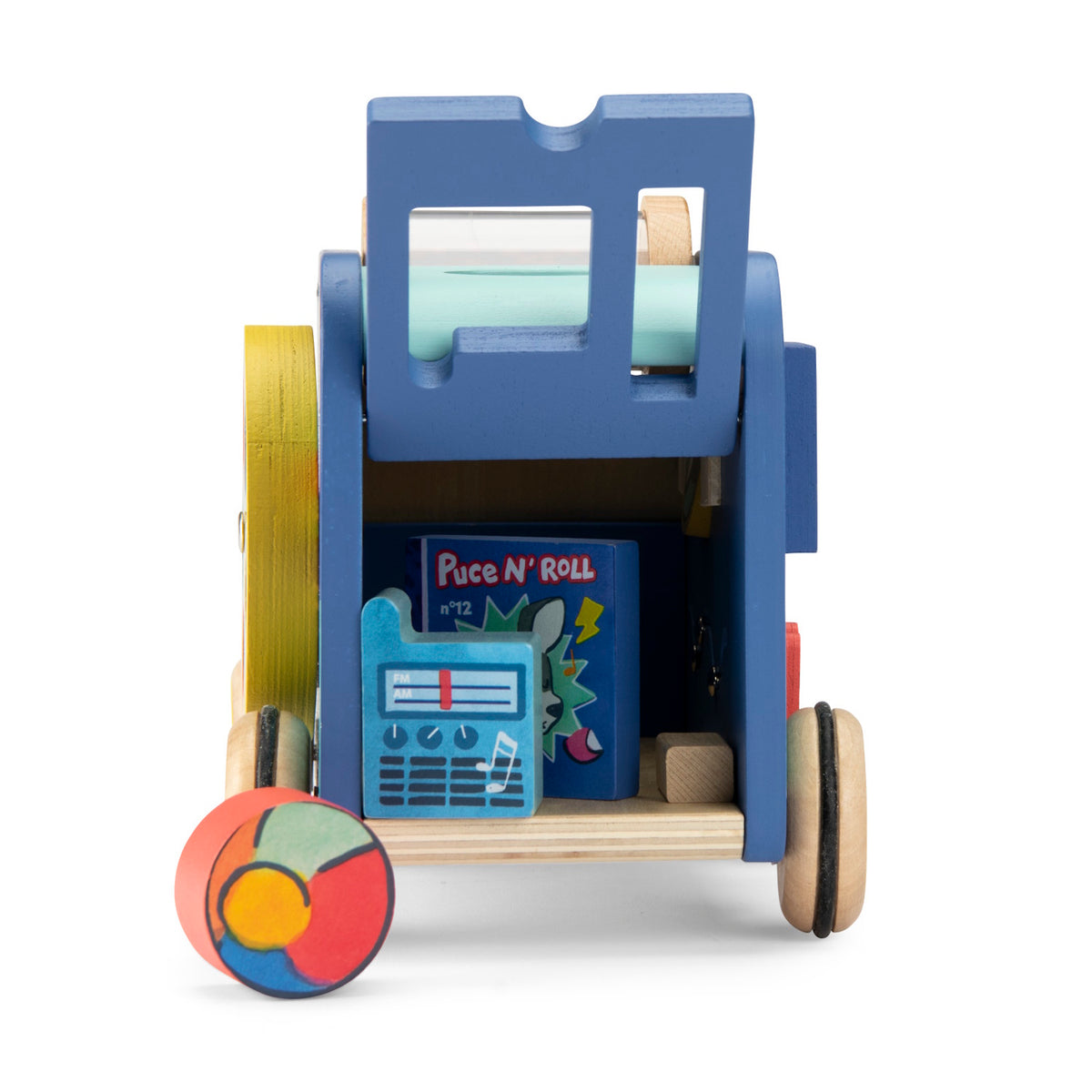 Blue and wooden multi-activity toy car with its back hatch open, revealing small toy blocks and accessories inside.