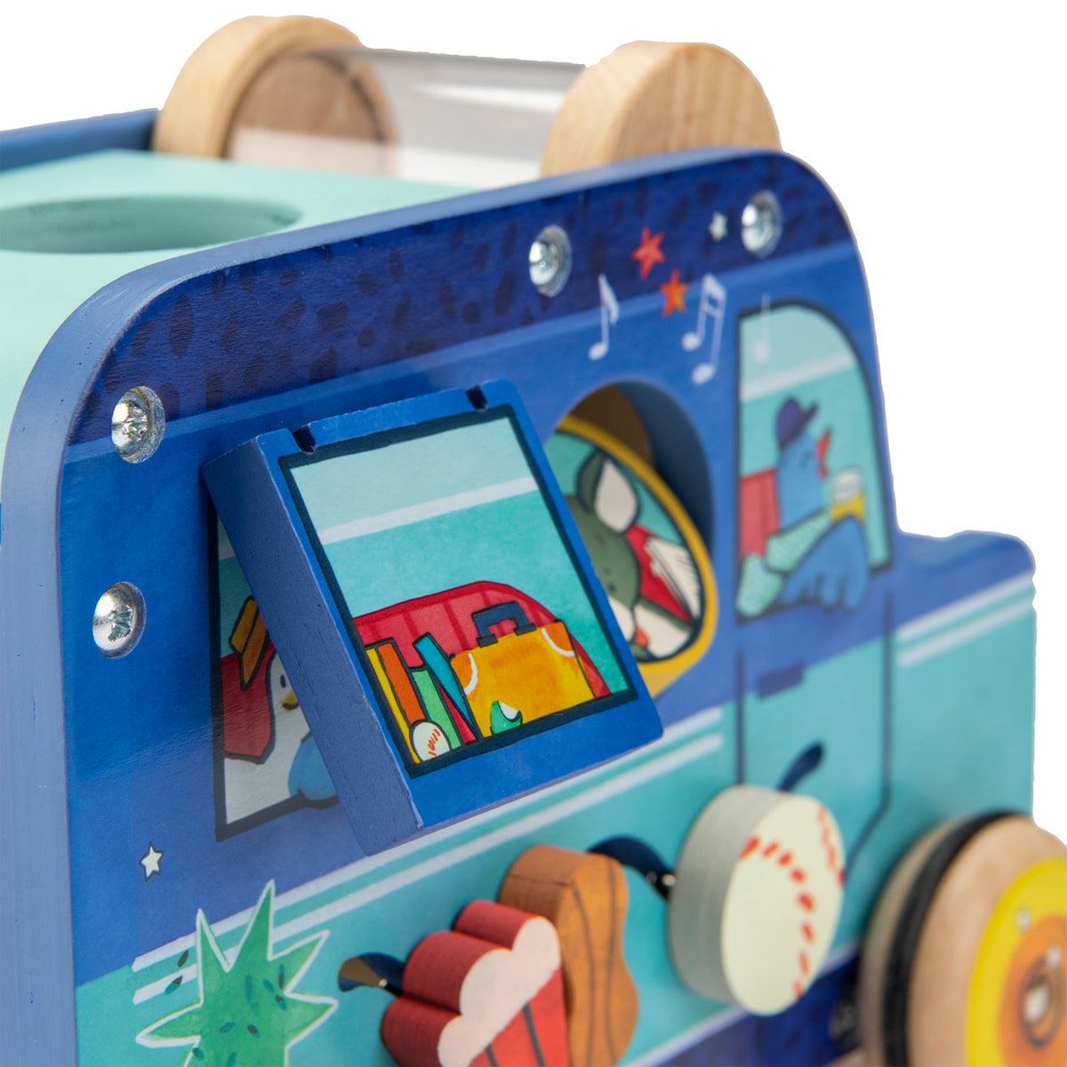 Close-up of a blue wooden activity toy showing a flip-up window and various illustrated sliding shapes on the side.