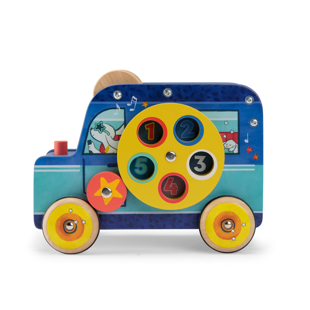 Wooden blue toy bus with a spinning yellow number wheel, red star gear, and dog character in the window.