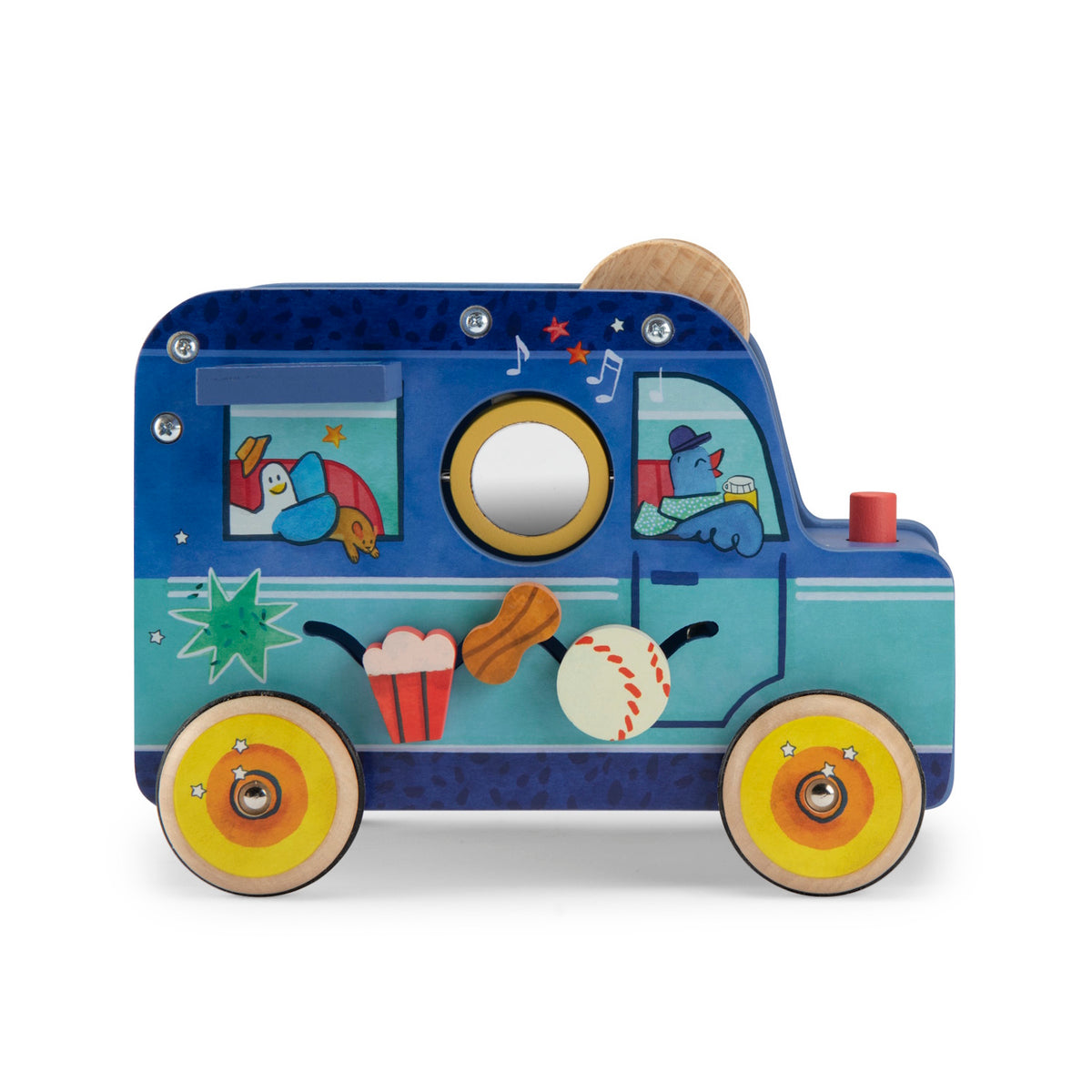 A blue wooden toy van with animal characters, yellow wheels, and interactive sliding shapes like a baseball.