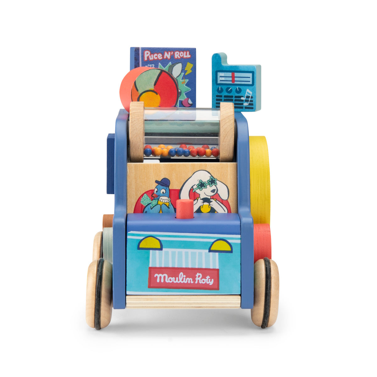 Front view of a blue wooden toy car featuring a bead roller, animal illustrations, and "Moulin Roty" branding.