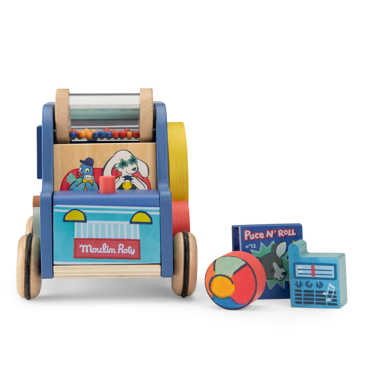 Moulin Roty wooden activity car with colorful beads, character illustrations, and matching toy accessories.