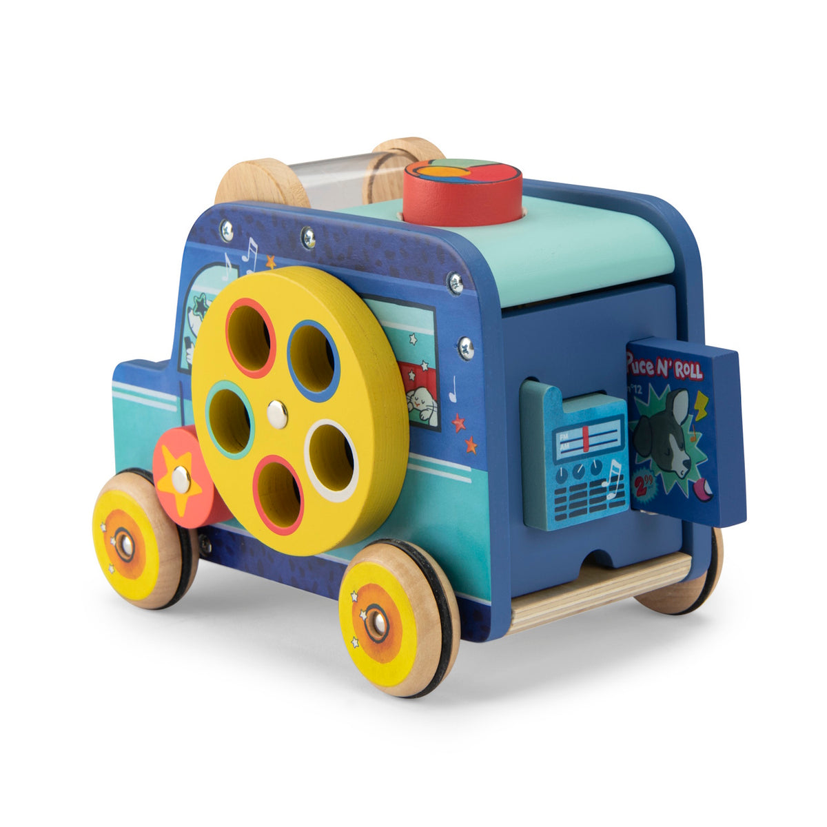 Wooden Moulin Roty multi-activity car with gears, shape sorters, and colorful illustrations on a white background.
